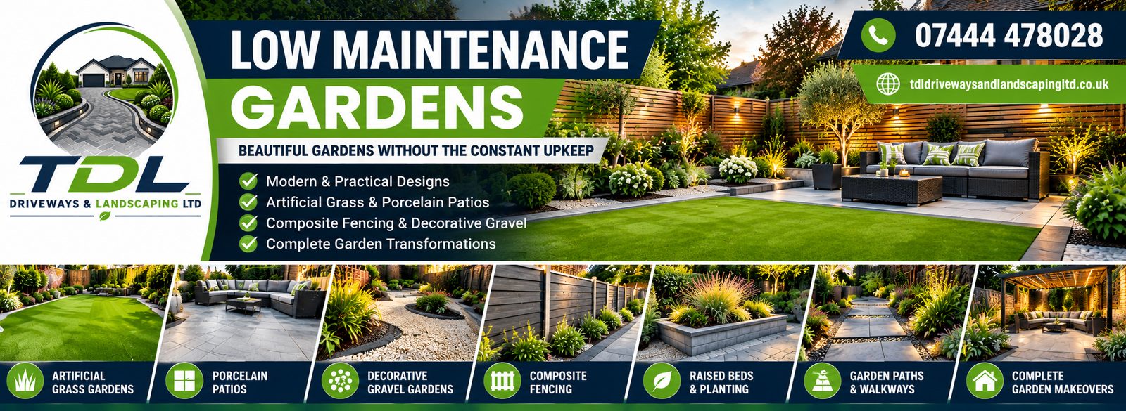 TDL Low Maintenance Gardens: artificial grass, porcelain patios, decorative gravel, composite fencing and complete garden makeovers